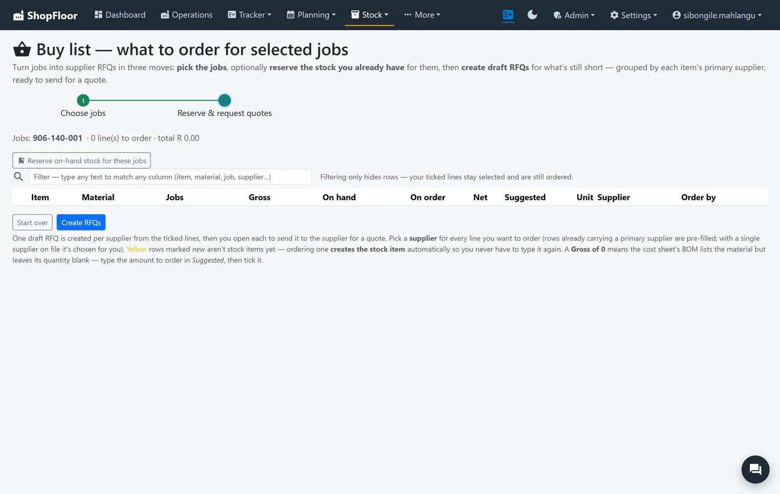The buy list: choose jobs, then reserve stock and request quotes.