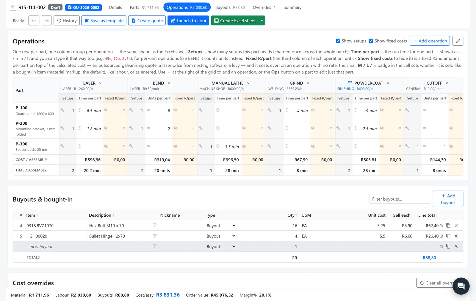 The Cost Sheet Studio's operations matrix: laser, bend, manual lathe, grind, powder coat and cut-off per part, with set-ups and time per part.