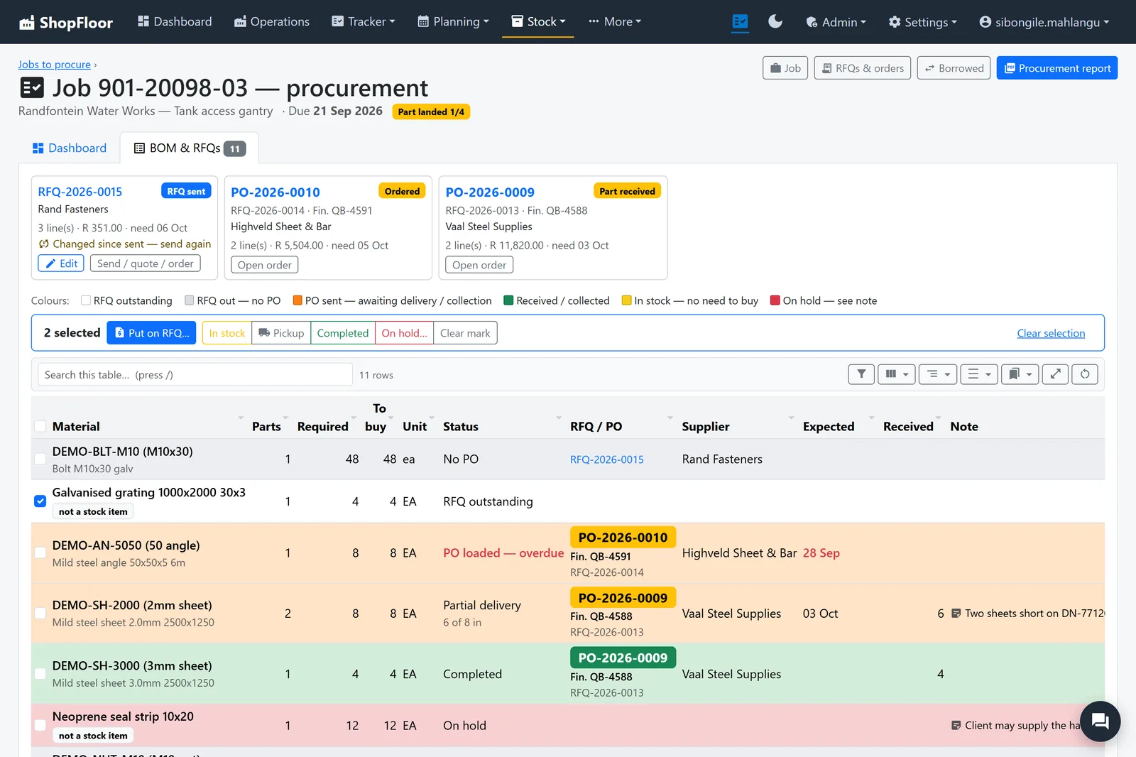 The procurement board for one job: each material line coloured by whether it is outstanding, ordered, received or on hold.