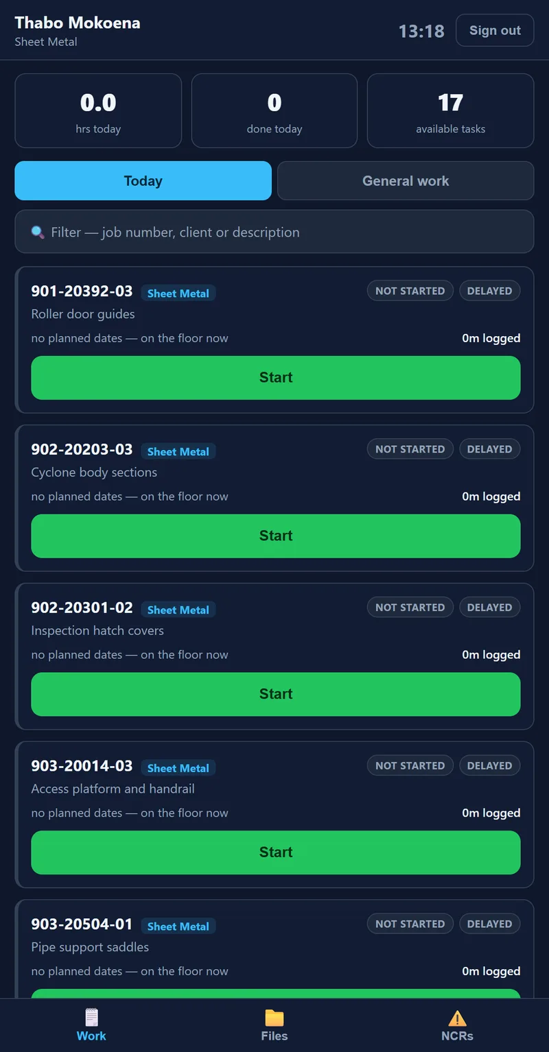 The Employee Station's task list, with a green Start button on each job.