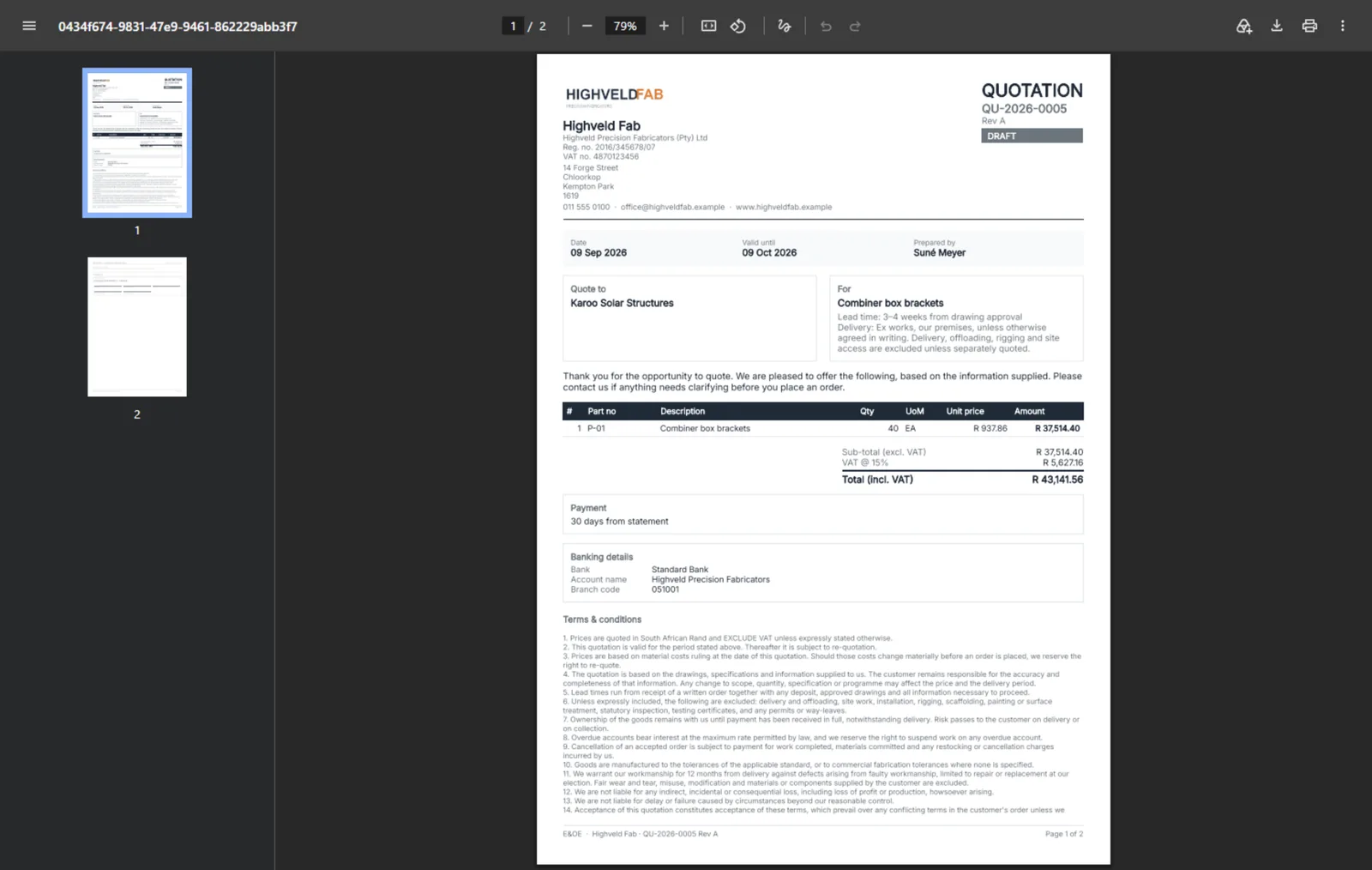 The quotation PDF the customer receives, with no cost or margin on it.