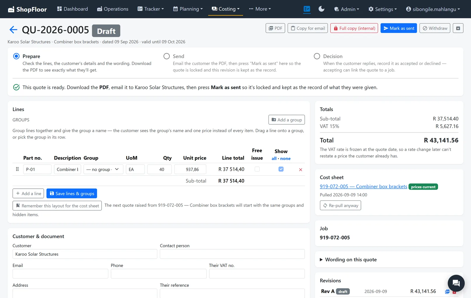 A draft quote: prepare, send and decision steps, the quote lines and the totals with VAT.